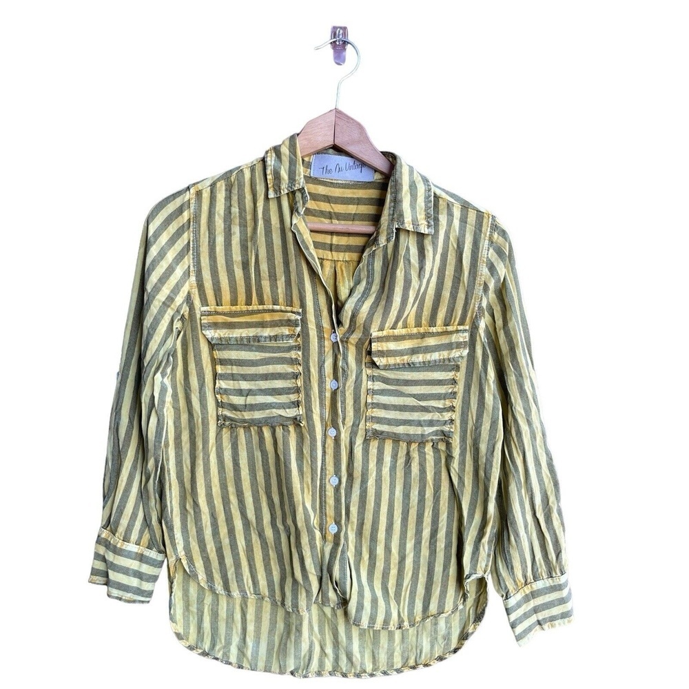 The Nu Vintage Striped Shirt Top Button Front Long Sleeve Women’s Size S Yellow